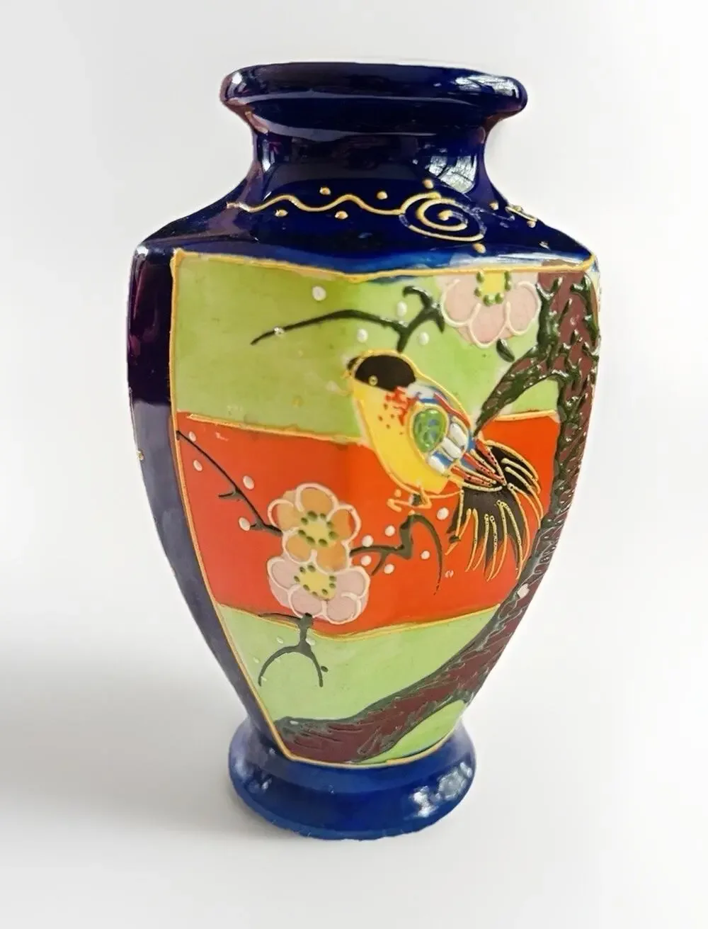 Japanese Art Pottery Ceramic Vase Crackle Glaze Bird Floral 6 in Blue Green